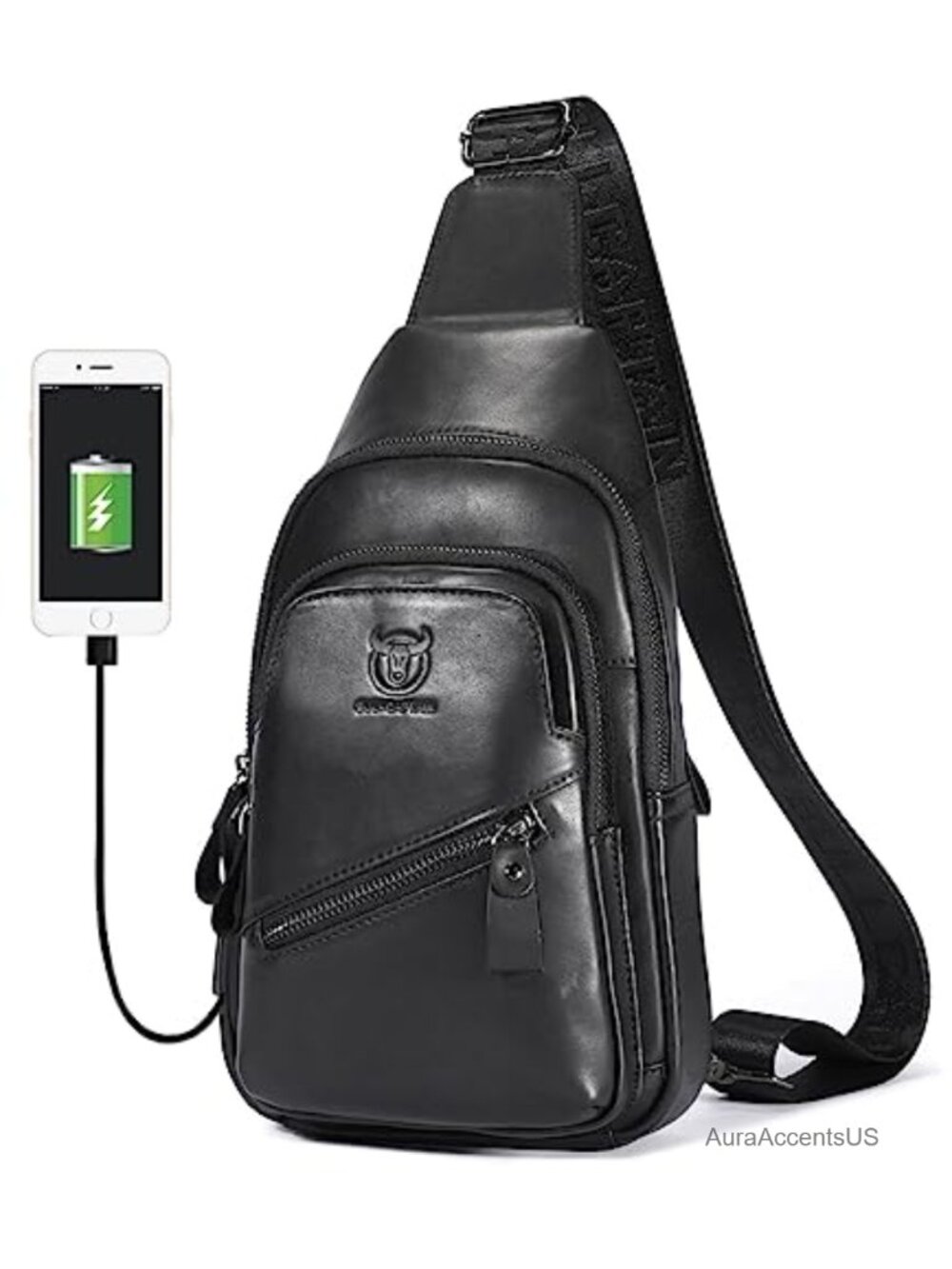 Leather Sling Chest Bag Crossbody Backpack USB Charging Port